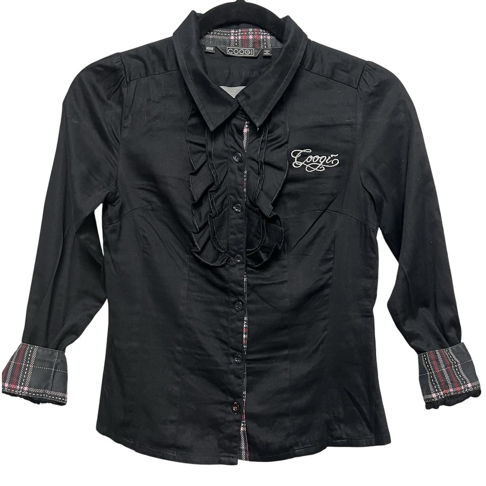 Coogi Girls Youth M‎ 8/10 Black Shirt Ruffle Front Plaid Embroidered Logo Y2K